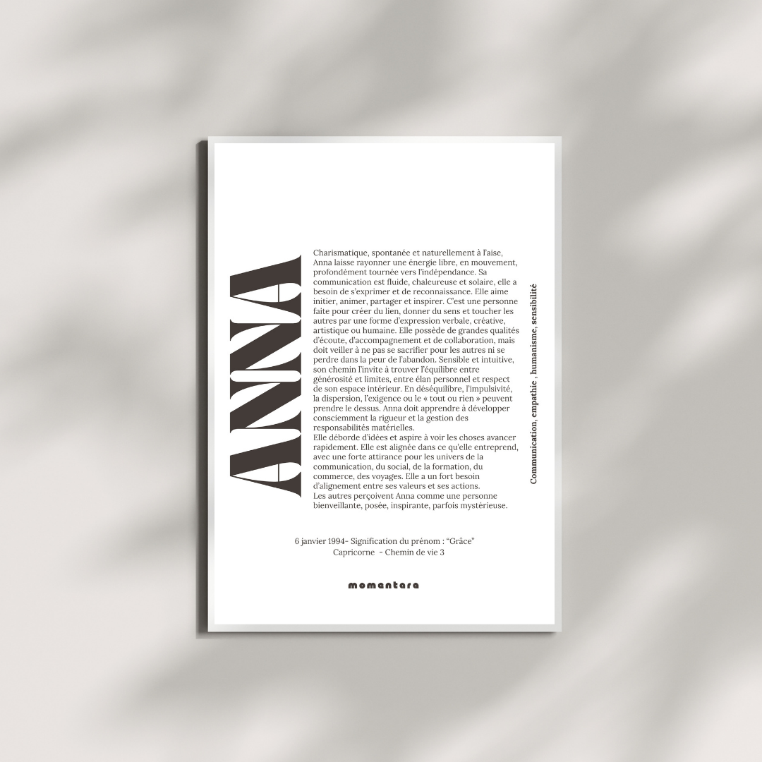 Affiche imprimée A4 avec analyse numérologique - prénom Anna
