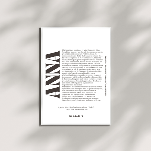 Affiche imprimée A4 avec analyse numérologique - prénom Anna